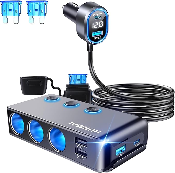 9 in 1 Cigarette Lighter Splitter,264W 3 Socket Car Cigarette Lighter Adapter,Type-C QC3.0 PD 30W Charging,Heavy Duty Truck Car USB Chager Multi Plug Outlet 12V/24V Independent Switches,LED Voltmeter