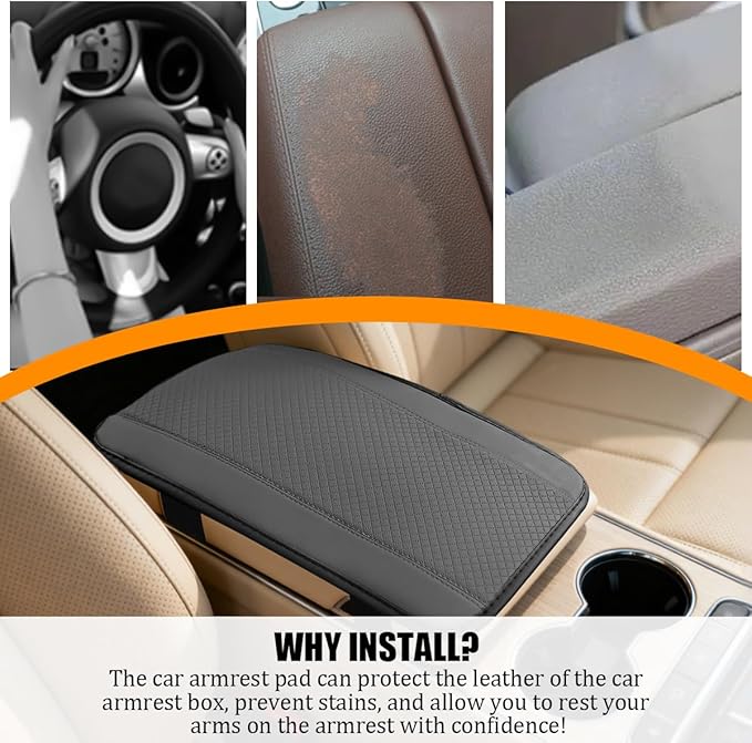 Car Center Console Cover, PU Leather Vehicle Armrest Seat Box Cover Protector, Comfortable Automotive Interior Arm Rest Cushion Pad Accessories, Universal for SUV Sedan Truck (Gray)
