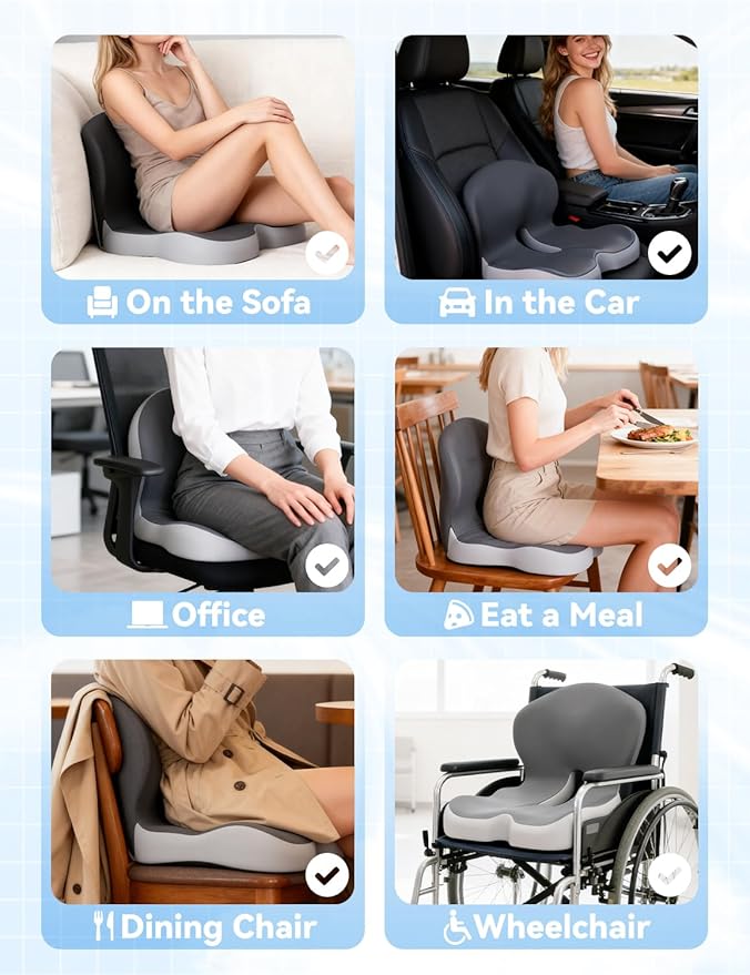 Orthopedic Cushion, Ergonomic Orthopedic Cushion for Tailbone Pain Relief, with Memory Foam, Car Seat Cushion with Waist Support, Non-Slip, Breathable, Washable Cover (Black-Gray)
