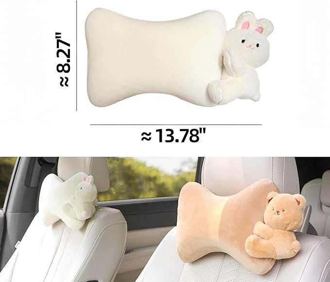 Car Headrest Pillow 2PCS Plush Bear ＆ Bunny Car Seat Headrest Pillow - Memory Foam Neck Support Cushions for Comfortable Driving, Easy Install & Washable (White Rabbit)