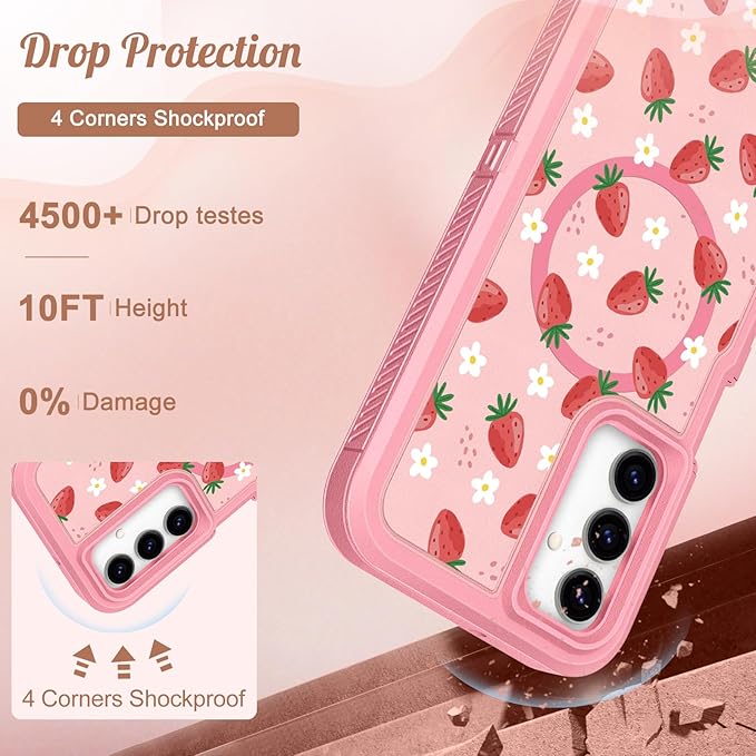 for Samsung Galaxy A15 5G Phone Case - Compatible with MagSafe Women Cute Girls Magnetic Protective Cover Strawberry Girly Kawaii Design Heavy Duty Shockproof for Samsung A15 5G Case 6.5"