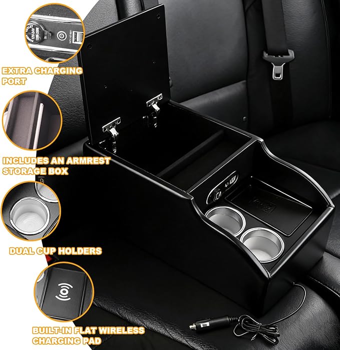 Center Console Armrest Organizer with Flat Wireless Charging Phone Pad & Cup Holders, Multifunctional Car Armrest Storage Box for Car, Van, Truck, Floor Cab, Back Bench Seat – Black