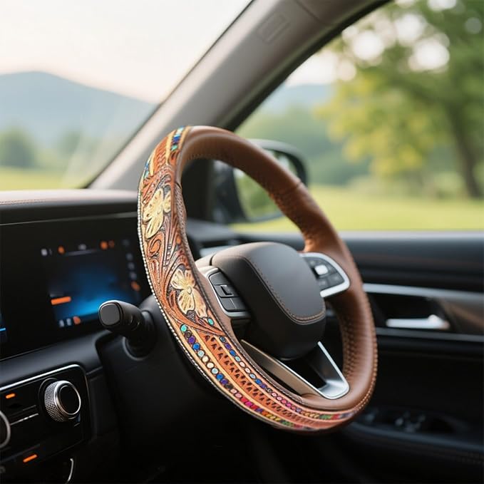 Retro Western Cowboy Car Universal Steering Wheel Cover, Embossed Handcrafted Tooled Leather Western,Anti Slip, Auto Interiors Accessories,Breathable for Trucks SUVs Cars (A)