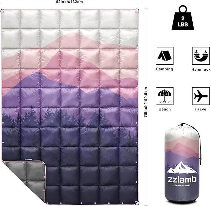 zzlamb Camping Blanket for Cold Weather,Outdoor Puffy Blanket Portable Down Alternative,Windproof Warm Cloak with Snaps,Cozy Quilt Backpacking Picnic RV Travel Plane Car Hammock Beach Climbing