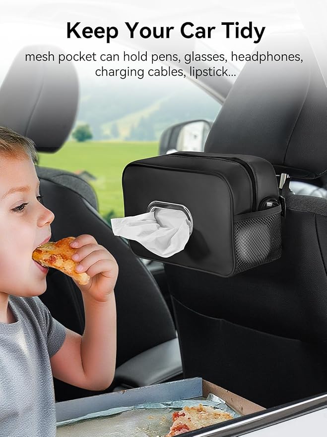 Multi-Functional Car Tissue Holder with ‌2 Storage Nets, Upgraded PU Leather Tissue Box Cover, Large Rectangle Napkin Organizer Fit for 100-160 Regular Size Tissues, Keep Car Tidy, Black