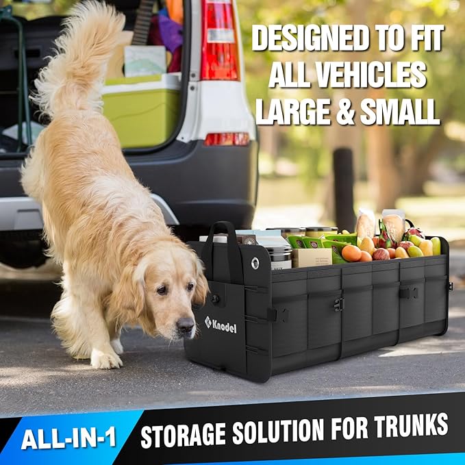 K KNODEL Car Trunk Organizer, Foldable Cover, Heavy Duty Collapsible Truck Storage Organizer, Car Cargo Trunk Organizer with Lid, 3 Compartments, with Straps (Black)