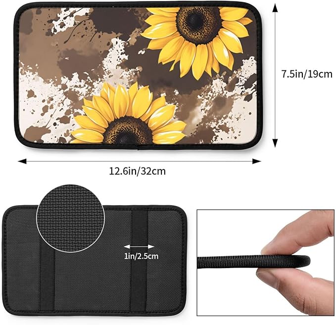 Universal Car Center Console Cushion Pad, Sunflower Flowers Brown Soft Waterproof Car Center Console Cover Auto Armrest Seat Box Cover Protector for Most Vehicle SUV Truck Car