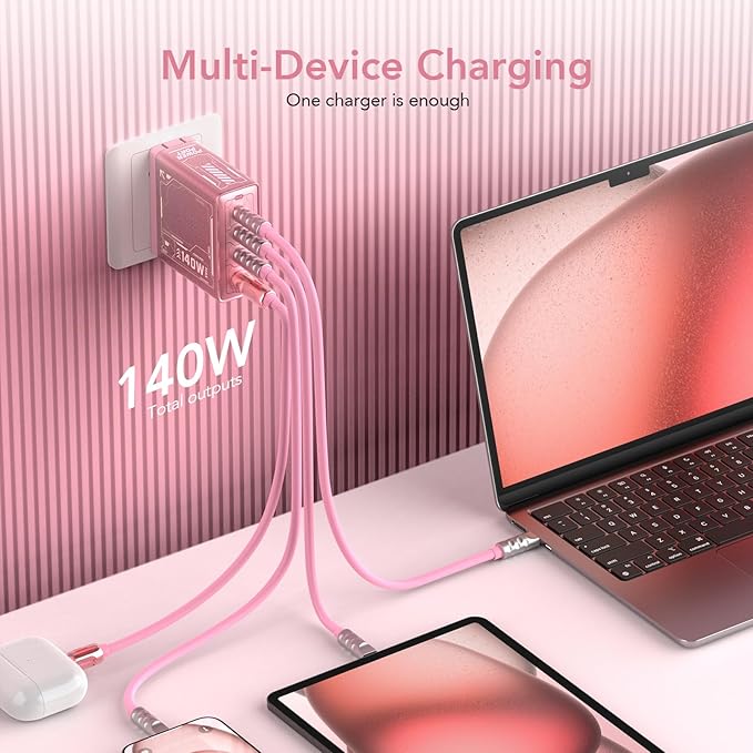 Mfish E-Rhino 140W USB-C Charger, True PD 3.1 GaN Fast Charger, 4-Port (3 USB-C + 1 USB-A) Foldable Plug Power Adapter for MacBook Pro 16”, iPhone 17/16, iPad, Galaxy, Tablet, Laptop, Pink