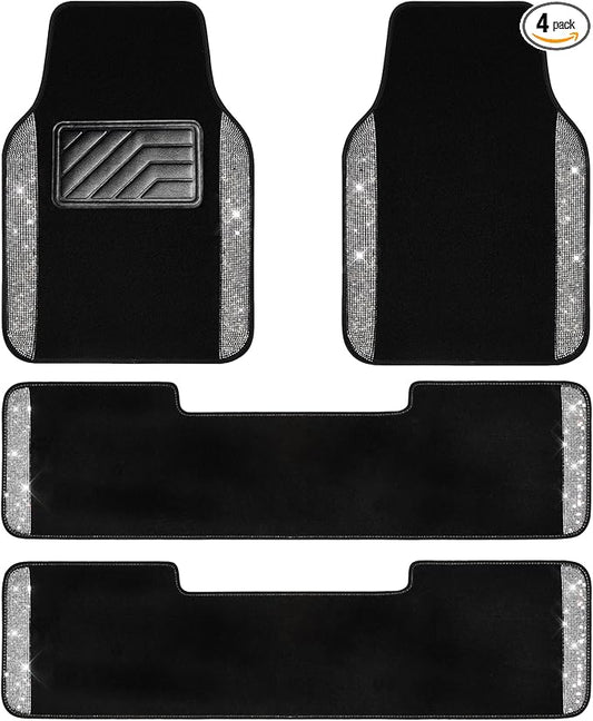 CAR PASS 3 Row Bling Diamond Car Mats Shining Carpet Rhinestones Sparkly Glitter Floor Mats Anti-Slip PVC Heel Pad Universal for Automotive SUV,Sedan,Van, 3rd Row 2 Rear for Girl Women, Black Silver