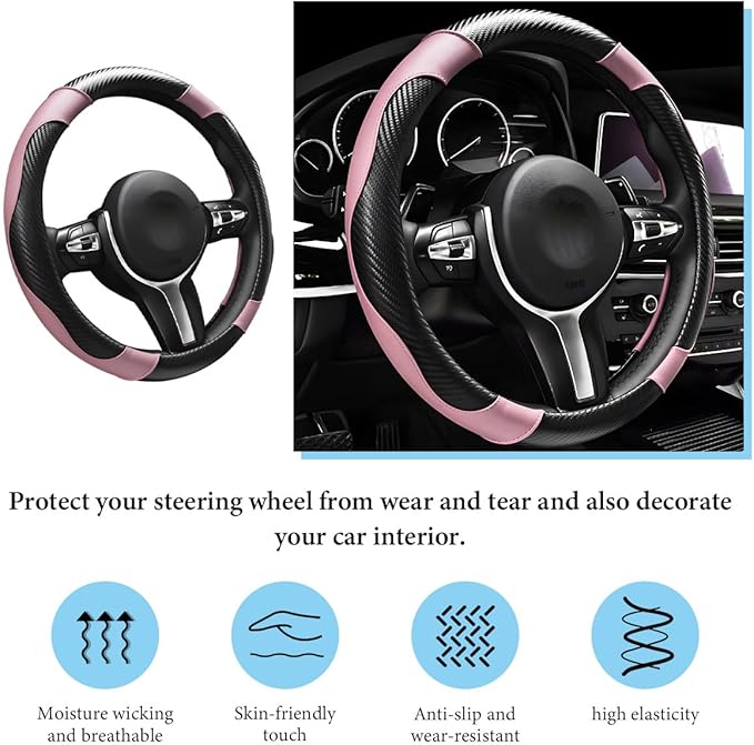 Car Steering Wheel Cover, 15 Inch Anti-Slip Stretch Leather Steering Wheel Protector, Comfortable Breathable Sporty Steering Wheel Cover for Women Men, Car Accessories (Black & Pink)