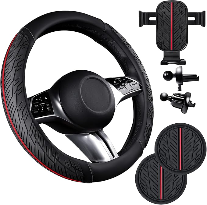 CAR PASS Leather Rubber Steering Wheel Cover Set,Tire Tread Pattern Design,Non-Slip Wear-Resistant,Equipped with Mobile Phone Holder and Non-Slip Cup Mat,Suitable for Steering Wheel 14.5-15”Black Red