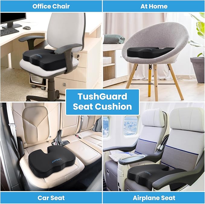 TushGuard Seat Cushion for Office Chair Memory Foam Non-Slip Cushion Back, Relief Chair Pad, Butt Pillow for Office, Car, Computer Desk, Black, X-Large