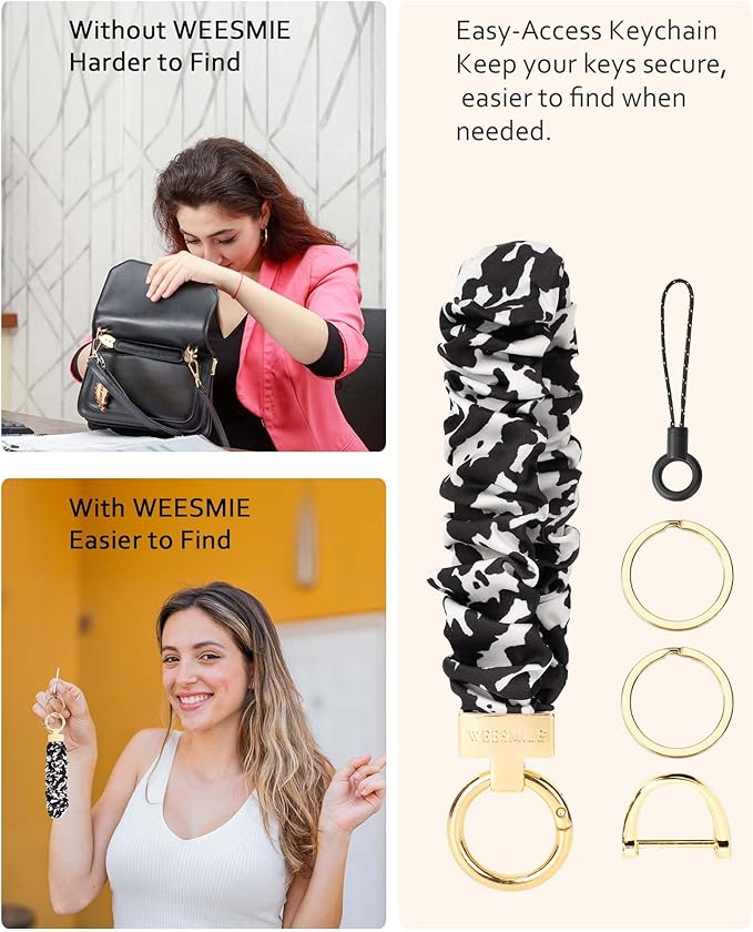WEESMILE Keychain Wristlet, Stretchy Key Chain for Car Keys with D ring, Cute Scrunchie Wrist Bracelet for Women Men