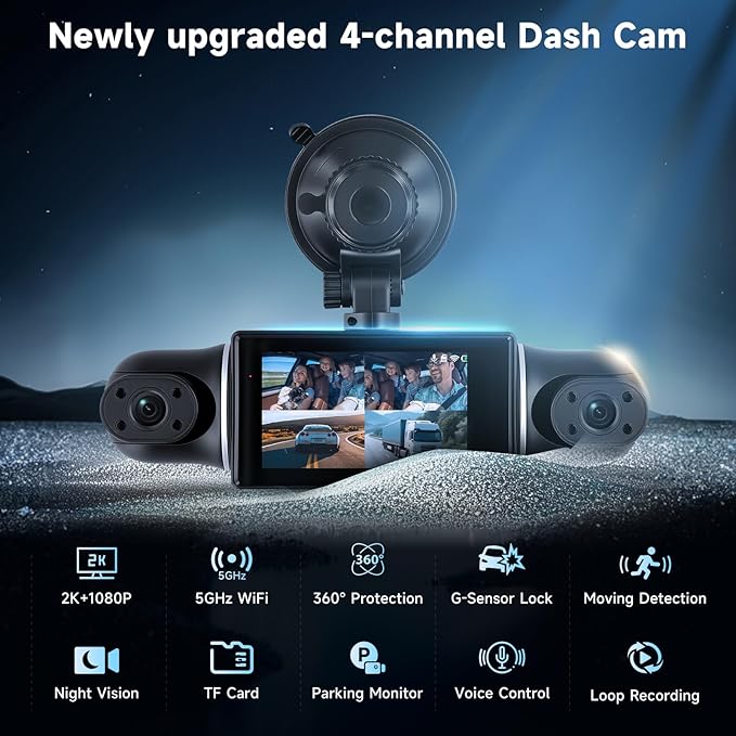 4 Channel Dash Cam Front and Rear Inside 360° Dash Camera for Cars 4 Channel Dash Cam Front and Rear Inside,IPS 4K/2K Dash Camera WiFi APP,G-Sensor 24/7 Parking Mode,170° Loop Recording