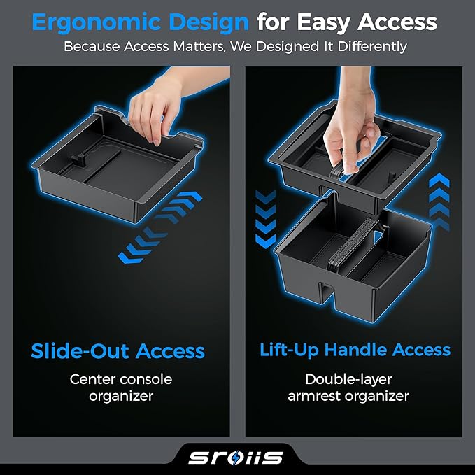 Sroiis® Gen 2 Double-Layer Center Console Organizer Set for Tesla Model 3 Highland Accessories (2024 2025 2026) True 2-Tier Storage System [ Upper Tray + Hidden Lower Compartment ] - 3PCS Jet Black