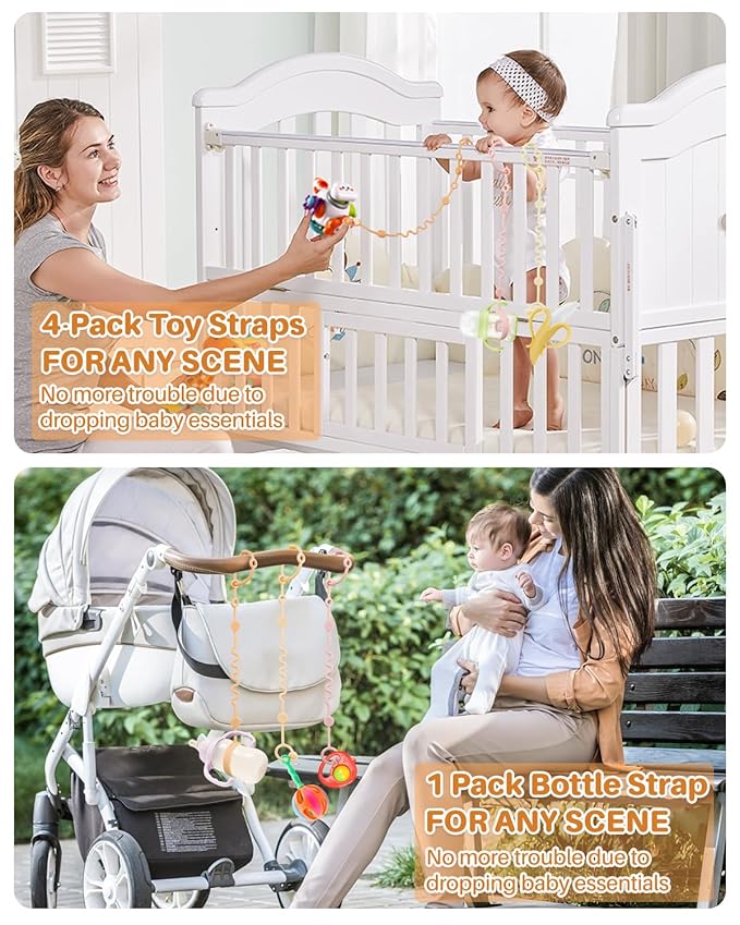 LittleHugs Toy Straps for Baby, Adjustable Toy Holder for Stroller Accessories, Silicone Tether Pacifier Clip, No Throw Travel Essential Leash for High Chair, Car Seat (4 Pack Macaron)