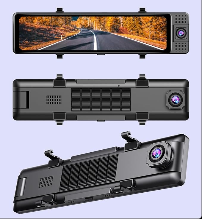 12" Rear View Mirror Camera, 3 Channel 4K Mirror Dash Cam Front, Inside and Rea1080P Camera, Smart Full Touch Screen Backup Camera for car, Dash Cam with WDR Camera,Night Vision,Free 64GB Card & GPS