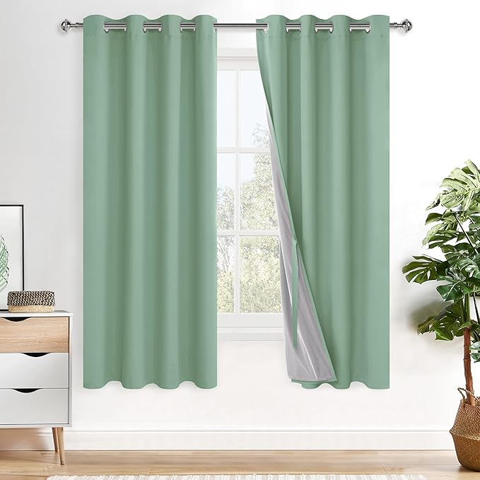 XWZO 100% Blackout Curtains 2 Panels with Tiebacks- Heat and Full Light Blocking Window Treatment with Black Liner for Bedroom/Nursery, Grommet Top, Light Sage, W52 x L63 Inches Long, Set of 2