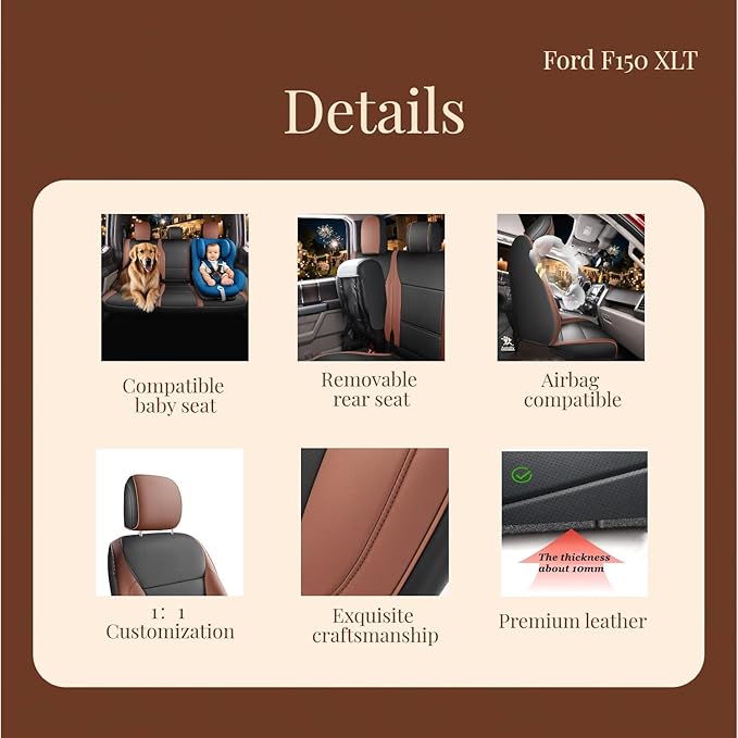 Red Rain F150 Leather Car Seat Covers Custom Fit for Ford F150 SuperCrew/CrewCab 2015-2025 XL XLT STX Pickup Truck Black and Brown Auto Seat Protector 5 Seater (F150-Black+Brown)