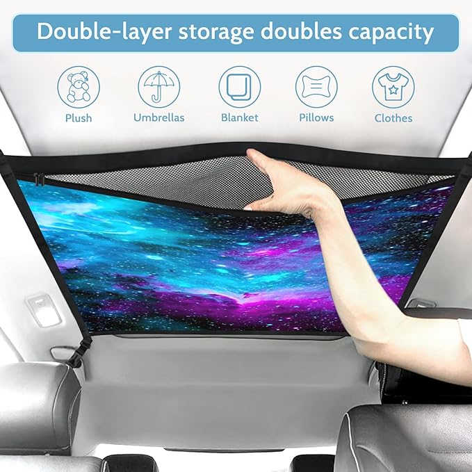 Galaxy Car Storage Mesh Organizer Ceiling Cargo Net Double-Layer Adjustable Zipper Truck SUVs Travel Road Trip Essentials etc. Interior Organizer