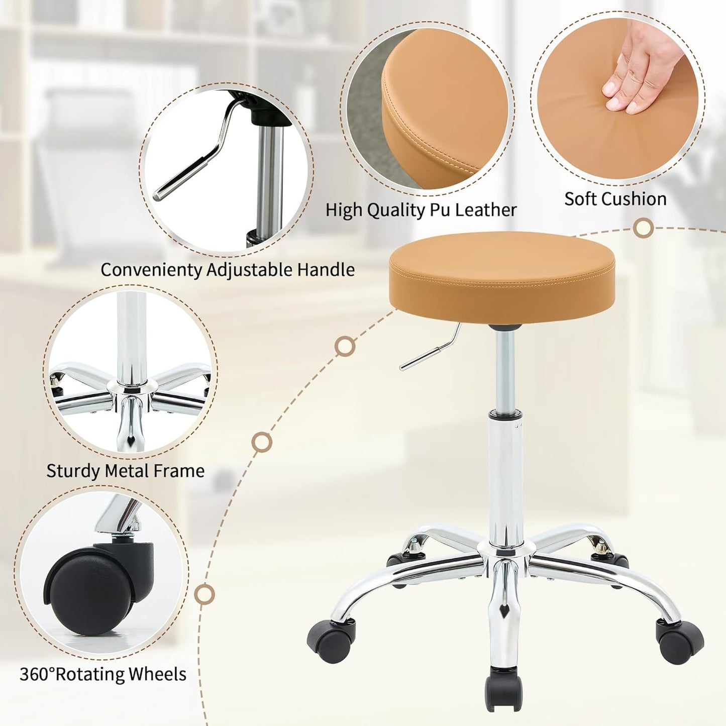 Rolling Massage Chair, Adjustable Hair Cutting Stool 19.5’’-26.6’’, Camel Brown Vanity Stool with Wheels (Camel Brown)