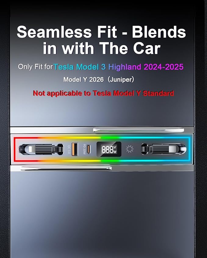 USB Hub for Tesla Model Y Juniper 2026 & Model 3 Highland 2024-2025 with RGB Ambient Light, 4-Port Docking Station, Tesla Phone Charger Charging Center Console Organizer Accessories Gifts