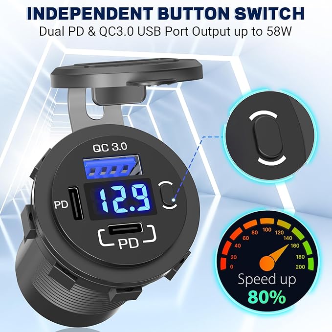 12V USB Panel Cigarette Lighter Socket with Rocker Switch: Qidoe Multiport 58W 12Volt USB Outlet with LED Voltmeter 150W Cigarette Lighter Splitter 12V Plug DC Outlet 3 in 1 Panel for Marine RV Truck