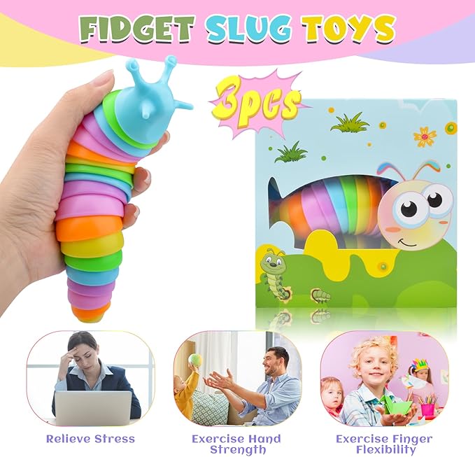 Cevioce Sensory Slug Fidget Toys for Kids & Adults - 3 Pack Slug Toys for Autism Therapy, Age 3+ Travel & Party Favors