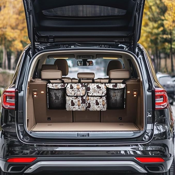 Car Trunk Organizer Cute Cat Back Seat Car Organizer Equipped with Robust Elastic Net, Hanging Trunk Storage Organizer with Lids, Space Saving Expert