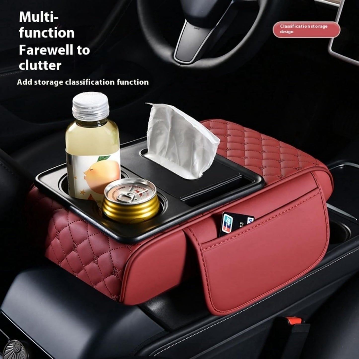 Center Console Cover Organizer, 5-In-1 Arm Rest Cover for Car with Cup Holder & Storage Pocket & Tissue Holder, Armrest Cover Cushion Pad, Grid, Beige