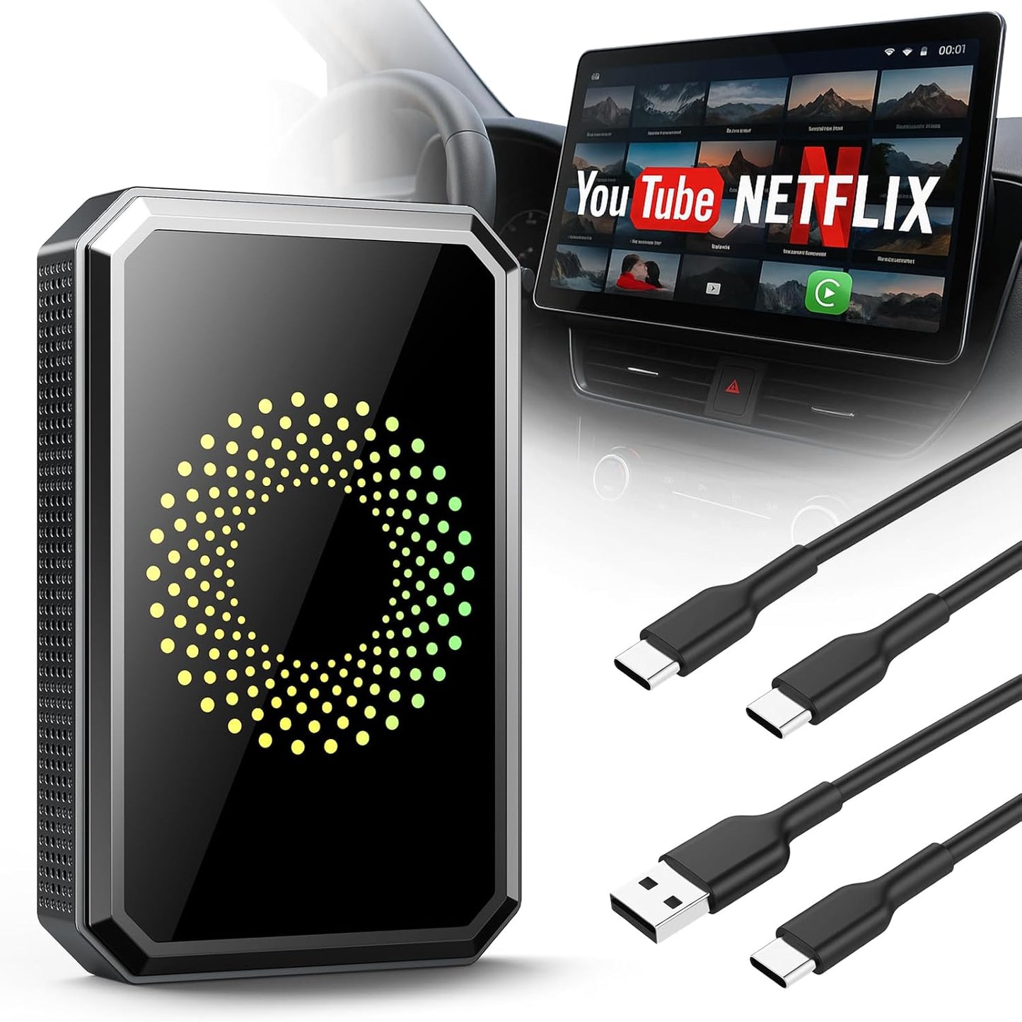 Volam 3-in-1 Wireless CarPlay Adapter Magic AI Video Box for iPhone with Netflix YouTube Plug and Play for Factory OEM Wired Car Play Cars & iOS 10+