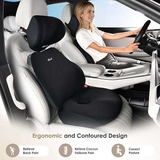 FLORICH Car Seat Cushion & Lumbar Support Pillow & Car Neck Pillow, Ergonomic Memory Foam Driving Seat Cushions for Back & Sciatica Pain Relief, Non-Slip Cushion for Car, Office Chair,Wheelchair-Black