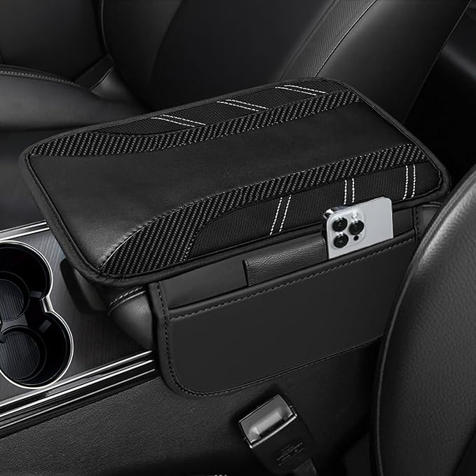 NBTEPEM Black Center Console Cover, Sporty Leather Armrest Cover Cushion with 2 Storage Pockets, Universal Auto Middle Console Protector, Car Interior Accessories for Most SUV, Truck, Sedan Vehicles