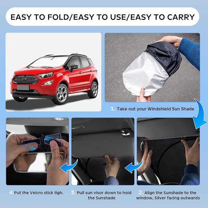 Sun Shade Sunshade for Ford EcoSport 2014-2024 Windshield Cover, 4-Layers Sun Shield 250T Silver Coating Sun Visor Foldable Front Window Shade Blocks UV Rays Car Cool Accessories