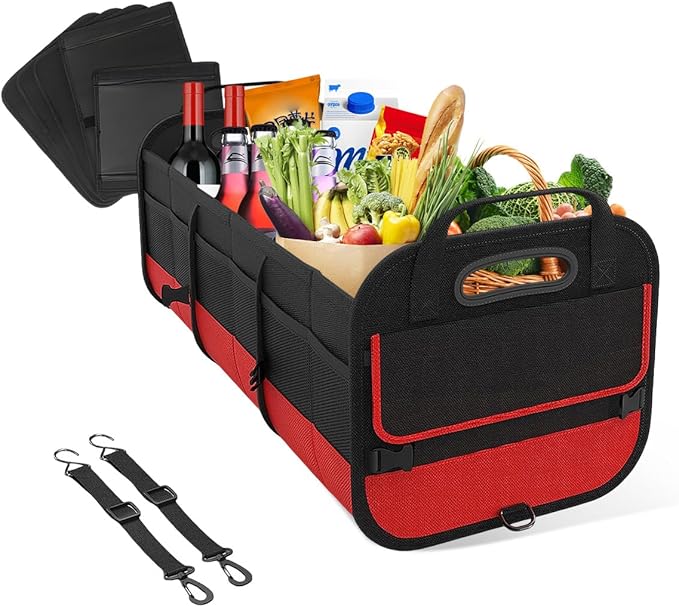 povtii Large Organizer for Car, 95L Stretchable Storage Trunk Organizer with Divided Compartments, Fixed Big Trunk Organizer with Handles & Adjustable Straps, Car Accessories (Black & Red)