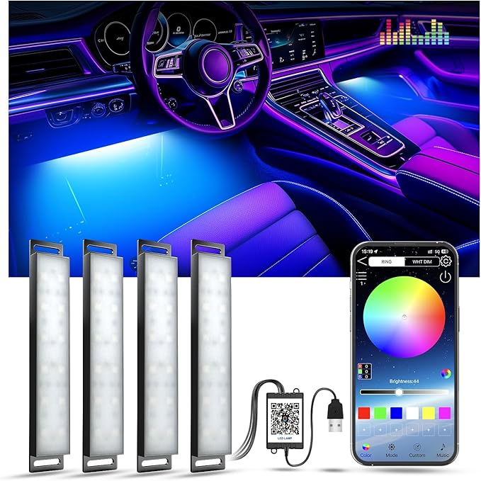 Yilaie Car Lights Interior, Multcolor RGB Interior Lights with APP Control and Music Sync, USB Under Dash Lighting Kit with Charger Dc 5v, Car Accessories for Women