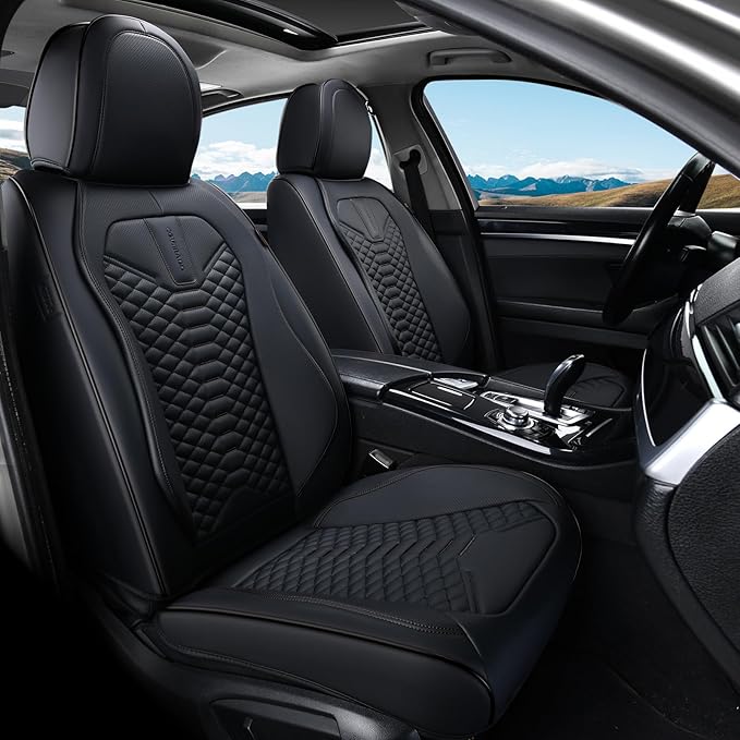 Coverado Car Seat Cover, Front Seat Cover, 2 Pack Universal Seat Covers for Cars, Breathable Nappa Leather Seat Cover, Waterproof Car Seat Protectors, Automotive Seat Covers Fit for Most Cars Black