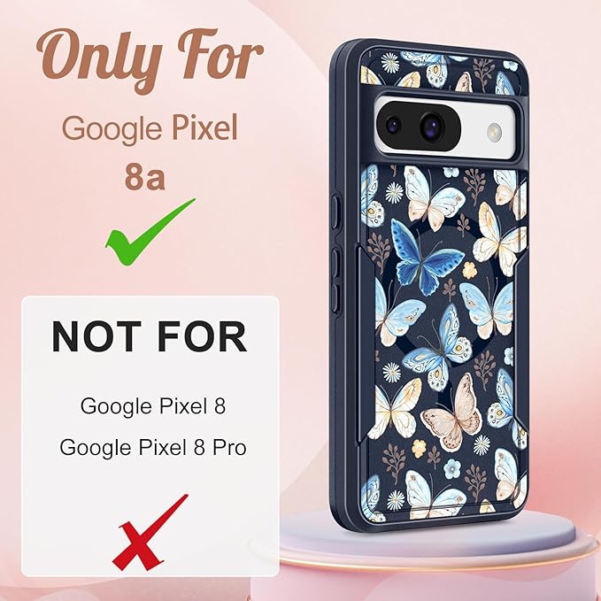 for Google Pixel 8A Case 6.1 Inch - Compatible with MagSafe Women Girls Cute Magnetic Protective Cover Kawaii Girly Blue Butterfly Heavy Duty Shockproof Design for Google Pixel 8A Phone Cases