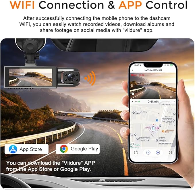 1080P Dash Cam Front Inside, Full HD Dual Dash Cam for Cars, WiFi Dash Camera, 3.16" Screen,Night Vision,G-Sensor, Loop Recording, APP Control, 170°Wide Angle, Include 64GB Card