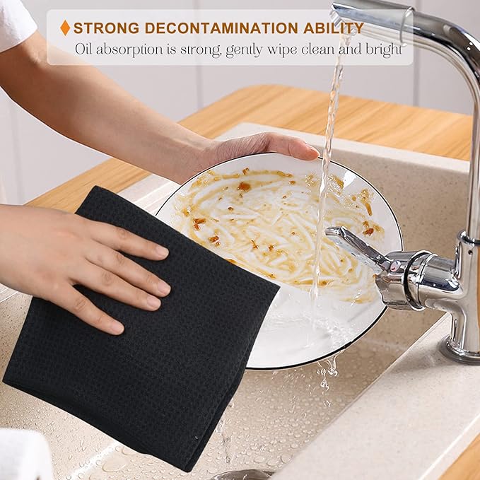 VIVOTE Microfiber Kitchen Dish Towels Waffle Weave Super Soft & Absorbent Tea Towels, Dish Cloths for Kitchen 3 Pack Black 16 x 22 Inch