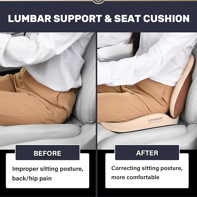 Coverado Car Seat Cushion and Lumbar Support Pillow, Memory Foam Ergonomic Back Support Driving Seat Cushion for Sciatica, Tailbone, Back Pain, Non-Slip Washable Cushion for Car, Driver, Office