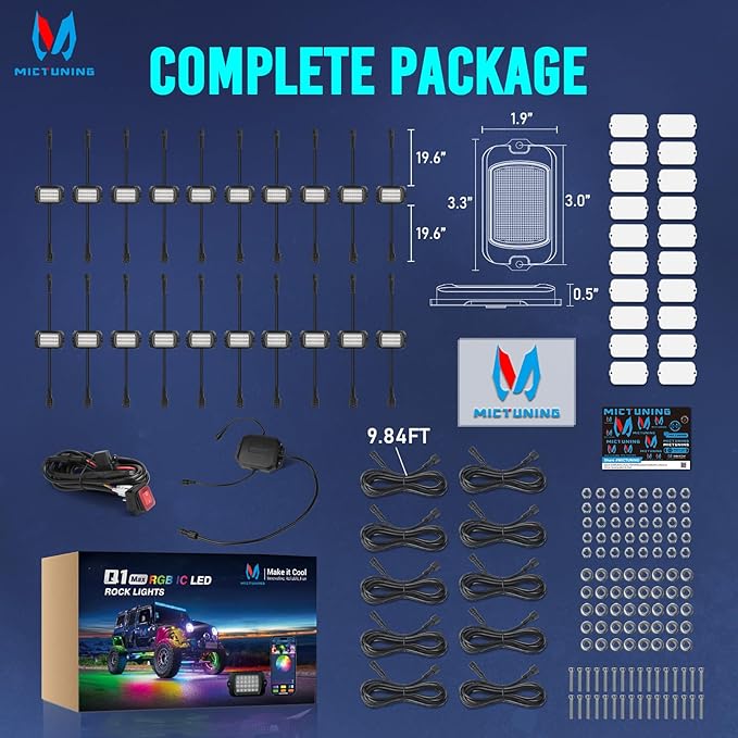 MICTUNING Q1+ MAX 20 Pods Ultra-Bright RGB Rock Lights, Multi-Color Chasing Underglow Lighting, Extensible to 24 Pods, APP Music Sync & DIY Effects, IP68 Waterproof
