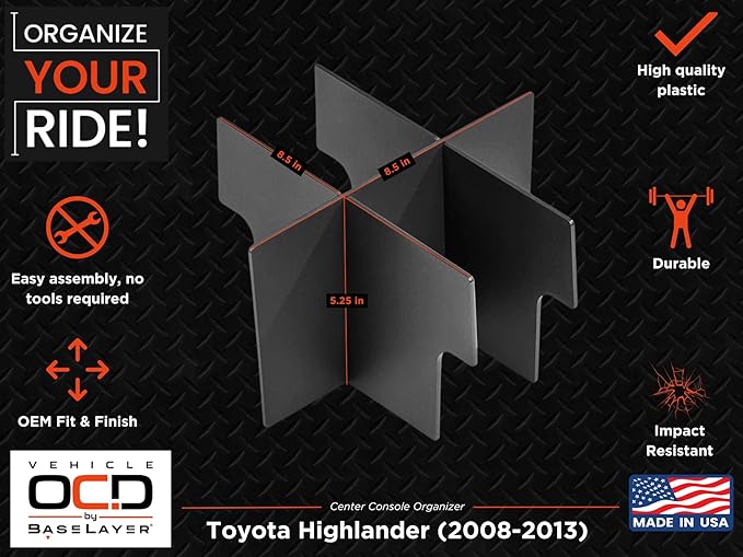 Vehicle OCD - Center Console Organizer for Toyota Highlander (2008-2013) - Made in USA - SLX116