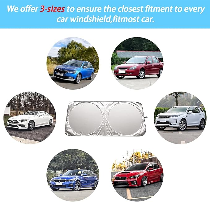 Foldable Windshield Sun Shade, Bonus Steering Wheel Sun Shield to Block UV Rays Keep Your Vehicle Cooler, Easy to Use Car Interior Accessories (59.2"x27.2")