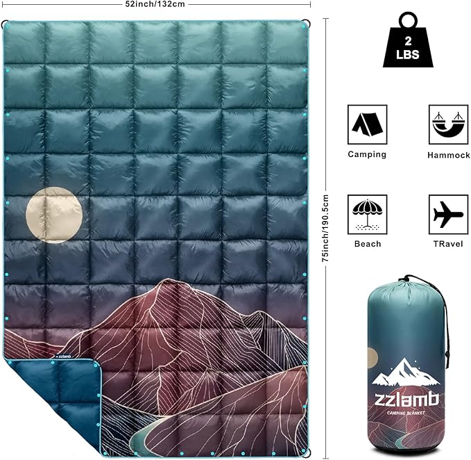 zzlamb Camping Blanket for Cold Weather,Outdoor Puffy Blanket Portable Down Alternative,Windproof Warm Cloak with Snaps,Cozy Quilt Backpacking Picnic RV Travel Plane Car Hammock Beach Climbing