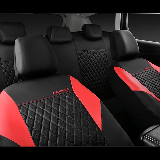 CAR PASS Red Leather Seat Covers Full Set-Universal Quilting Pretty Girly Car Seat Cover with 5mm Composite Sponge Inside,Airbag Compatible, Waterproof Delux Fit for Most Sedan,SUV,Cars (Full Set,Red)