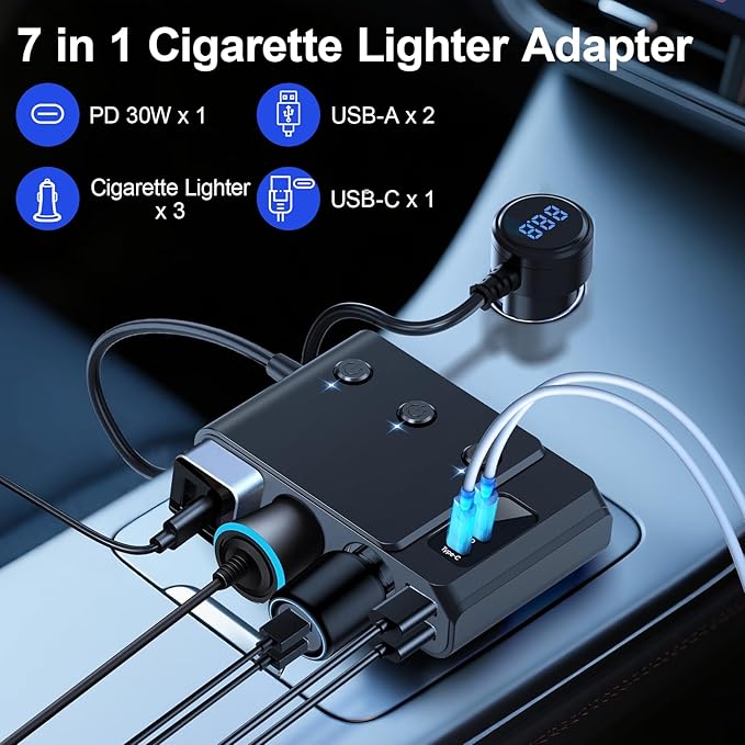 7 in 1 Cigarette Lighter Splitter, Tendak 150W Car Adapter with PD30W Type-C & 2 USB Charging Ports, LED Voltmeter, Independent Switches, Plug Outlet 12V/24V (3.3ft Cable)