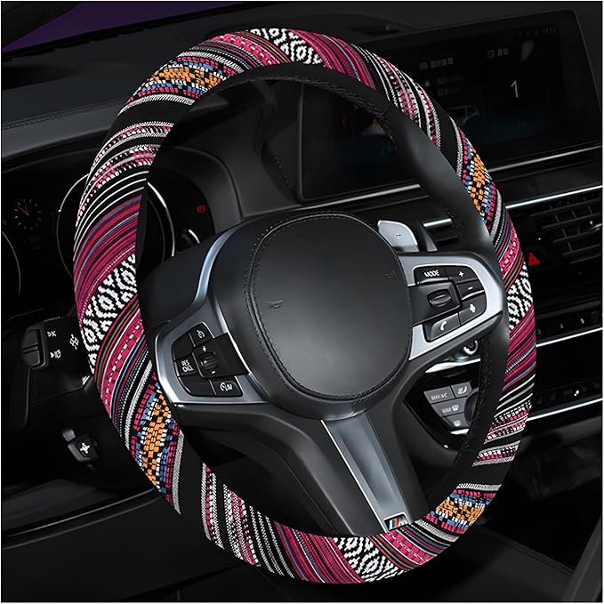 Boho Steering Wheel Cover, 15.0"×15.0" Anti-Slip Baja Blanket Ethnic Steering Wheel Protector, Breathable Flax Cloth Elastic Bohemian Steering Wheel Cover, Car Accessories (Style J)