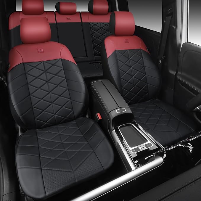CAR PASS Nappa Leather Seat Covers for Car, Waterproof Seat Covers Full Set, Luxury 3D Rhombus Lined Sponge Airbag Compatible Universal Fit for Automotive SUV Truck Pickup Sedan, Black Red