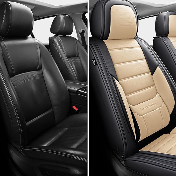 Car Seat Covers Full Set, Brown Car Seat Cover Lumbar Support, Car Seat Protector Waterproof, Nappa Leather Car Seat Cushion, Front Seats and Back Fit for Most Cars Beige